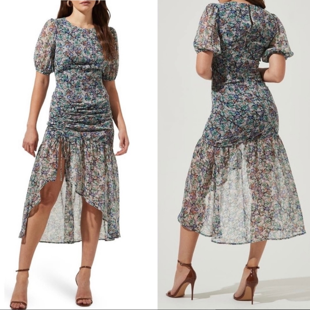 ASTR The Label Puff Sleeves Floral Ruffles Asymmetrical Hi low Midi Dress Large - Picture 1 of 14